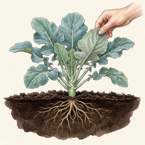 A leafy broccoli plant with a hand checking under a leaf