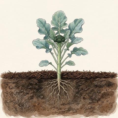 A small green broccoli head forming in the centre of the leaves