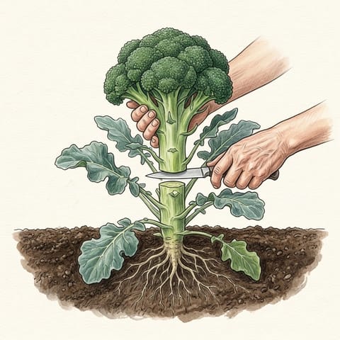 A hand cutting a full-sized broccoli head with a knife