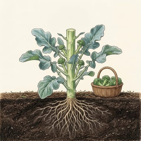 Side shoots on a broccoli plant beside a basket of picked shoots