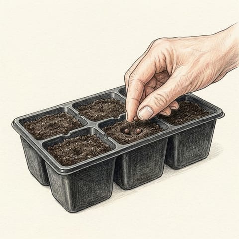 Brussels sprout seeds being sown into a module tray