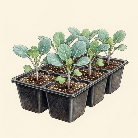 A Brussels sprout seedling in a module tray