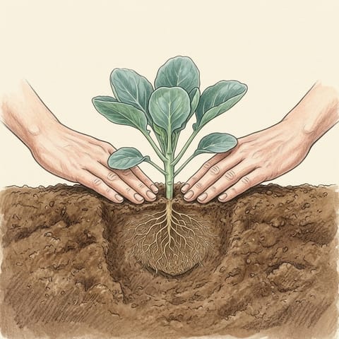A Brussels sprout seedling planted deep and firmed in