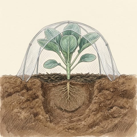 A young Brussels sprout plant under fine insect mesh on hoops