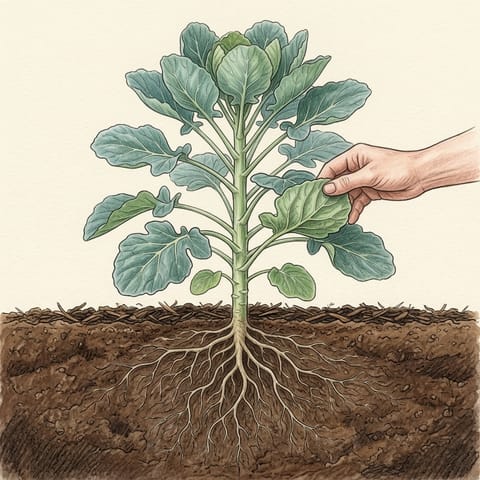 A leafy young Brussels sprout plant with a hand checking under a leaf