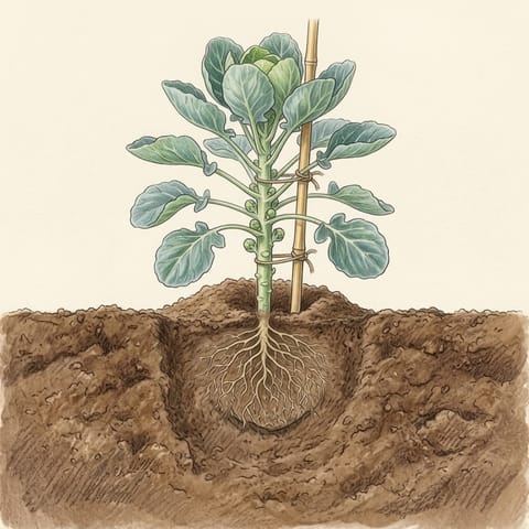 A tall Brussels sprout plant tied to a cane, soil mounded around its base