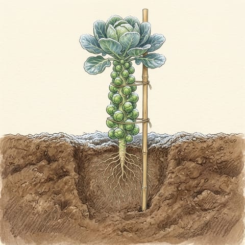 A tall Brussels sprout plant with its stem covered in sprouts