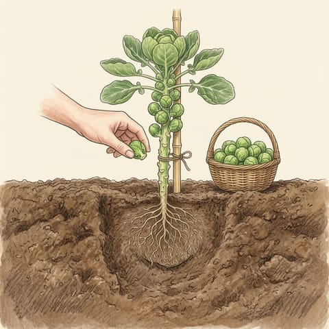 A hand snapping a sprout off the bottom of the stem beside a basket