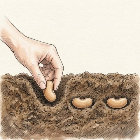 A hand pushing a bean seed into the soil of a garden bed