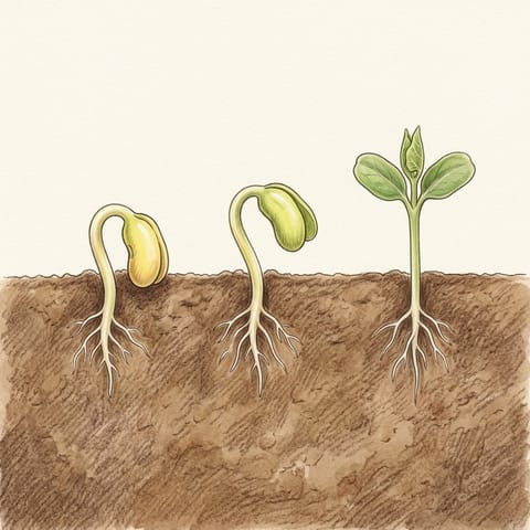 Bean seedlings breaking through the soil, two still hooked over