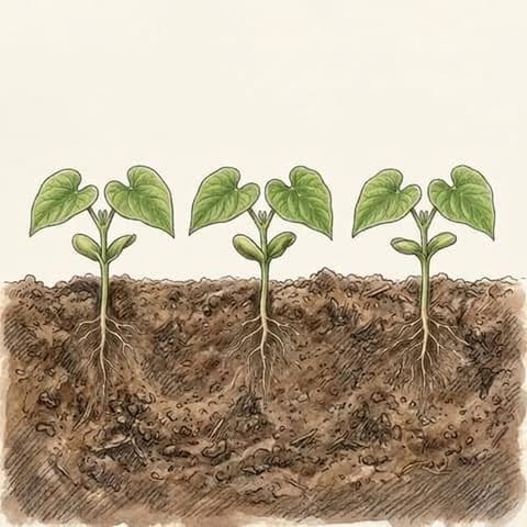 Three young bean plants with their first heart-shaped leaves