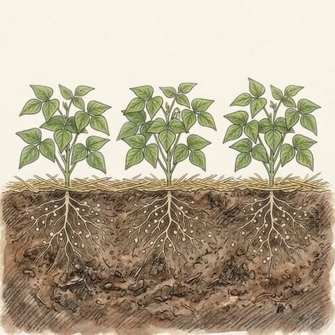 Bushy young bean plants on straw mulch, with nodules on the roots below