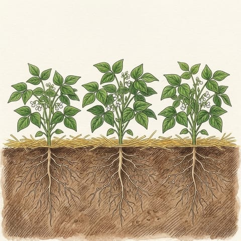 Bushy bean plants with small white flowers