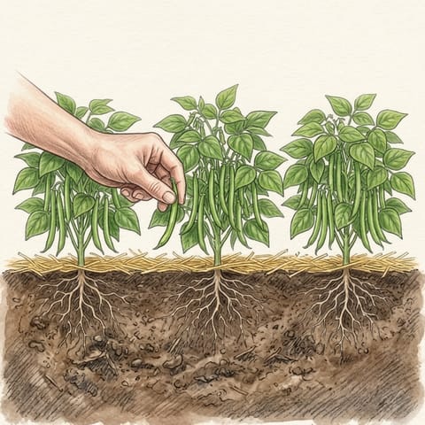 A hand picking a green bean from the plant