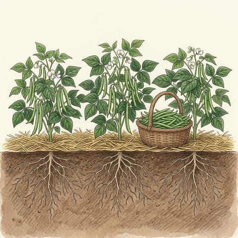 A basket of picked green beans beside the plants