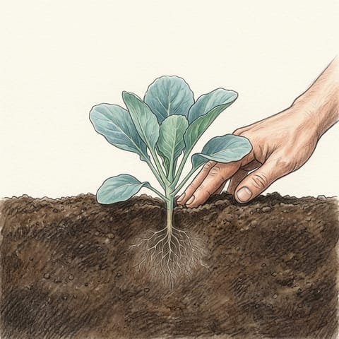 A cabbage seedling planted deep and firmed in
