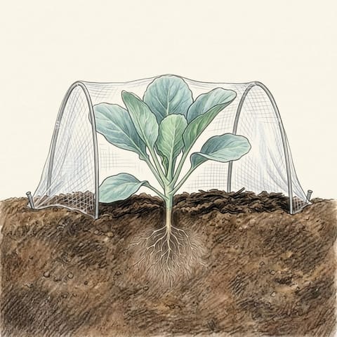 A young cabbage under fine insect mesh on hoops