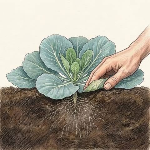 A hand lifting a leaf of a young cabbage to check underneath