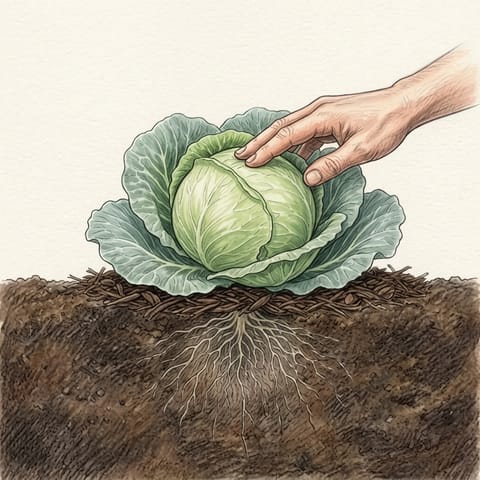 A hand pressing the firm head of a full-grown cabbage