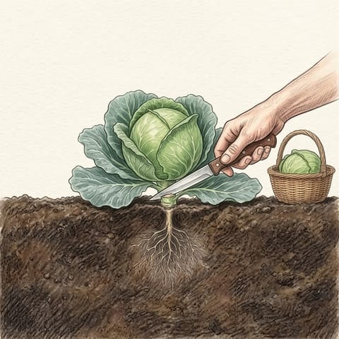 A hand cutting a cabbage at its stem beside a basket