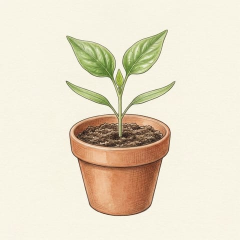 A capsicum seedling in a small pot