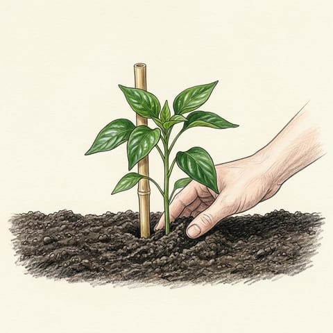 A young capsicum just planted beside a bamboo cane
