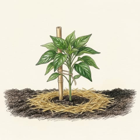 A young capsicum tied to its cane, with straw mulch