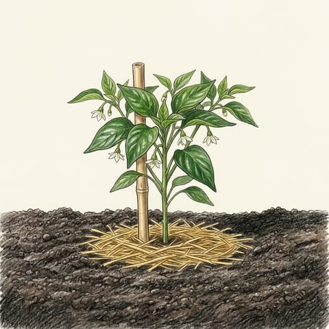 A staked capsicum with small white flowers