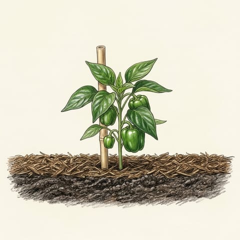 Young green capsicums growing under the leaves
