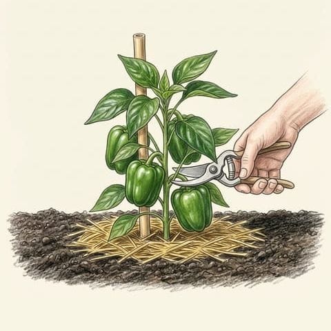 A hand cutting a full-sized green capsicum from the plant