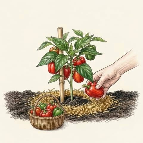 A hand holding a red capsicum over a basket beside the plant