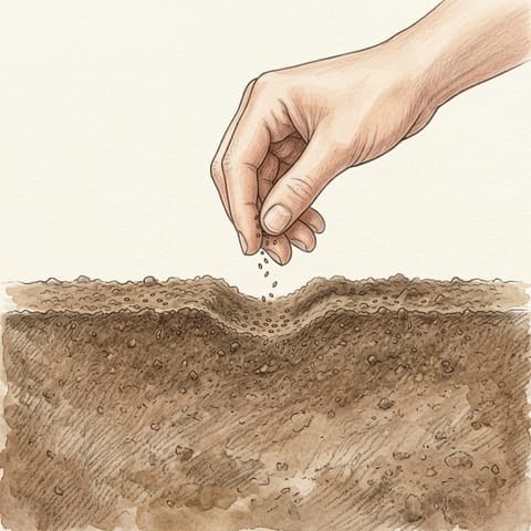 A hand sowing carrot seeds along a shallow row