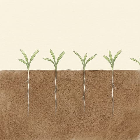 Tiny carrot seedlings just through the soil