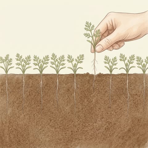 Fingers pulling a spare seedling from a row of small carrots