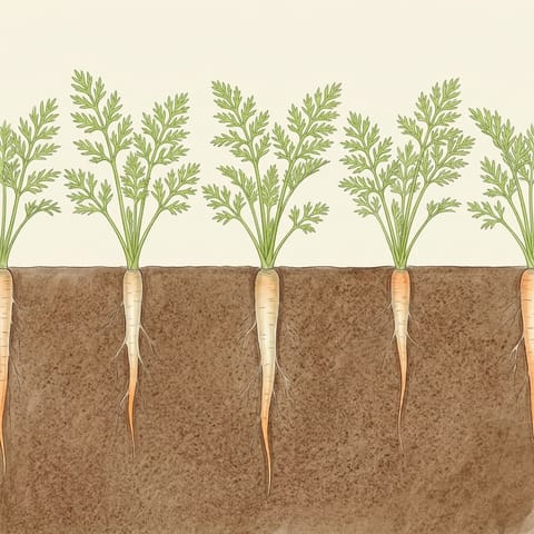 Feathery carrot leaves above long, thin roots