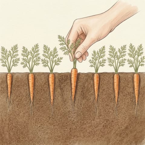 A hand pulling a baby carrot from the row