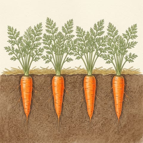 Carrot roots thickening under bushy leaves, straw between the rows