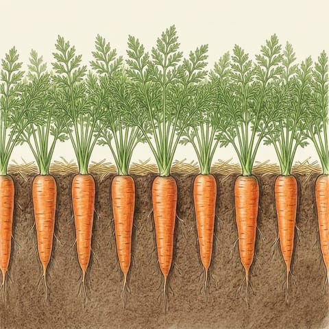 Full-sized carrots under the soil below tall feathery leaves
