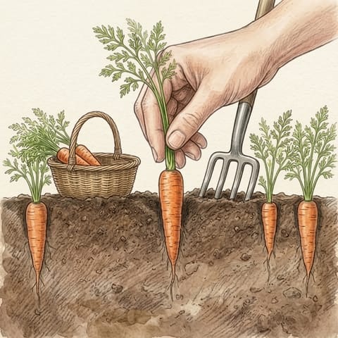 A hand easing a carrot out beside a basket