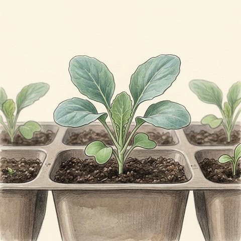 A young cauliflower seedling in a cell of a seed tray