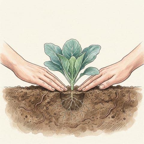 A young cauliflower plant set deep in the soil and firmed in