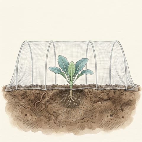 A young cauliflower plant under fine insect mesh on hoops