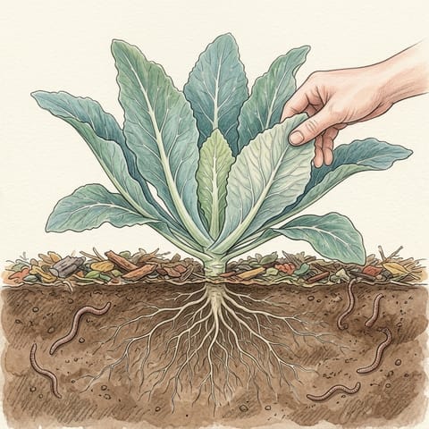 A leafy cauliflower plant with a hand checking under a leaf