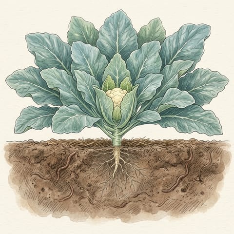 A small white cauliflower head forming in the centre of the leaves