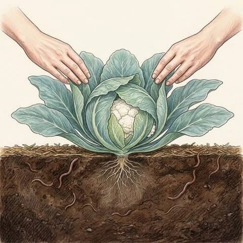 Hands folding big leaves over a young cauliflower head