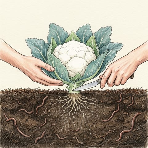 A hand cutting a full-sized white cauliflower head with a knife