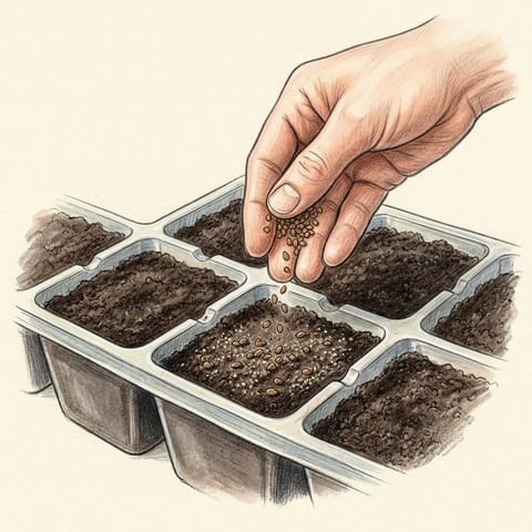 Tiny celeriac seeds being sown on the surface of a seed tray