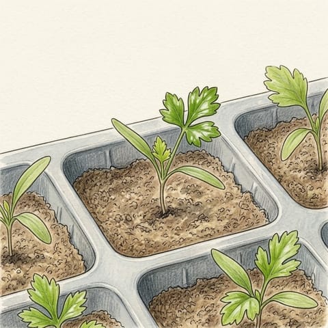 A celeriac seedling in a cell of a seed tray