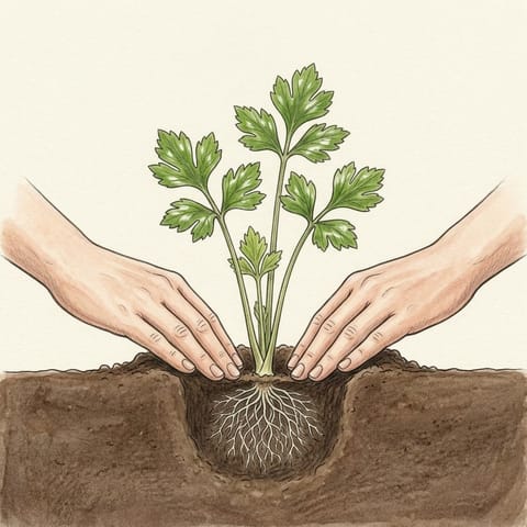 A young celeriac plant set in the soil with its crown at soil level
