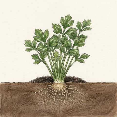 A leafy young celeriac plant with compost mulch around it
